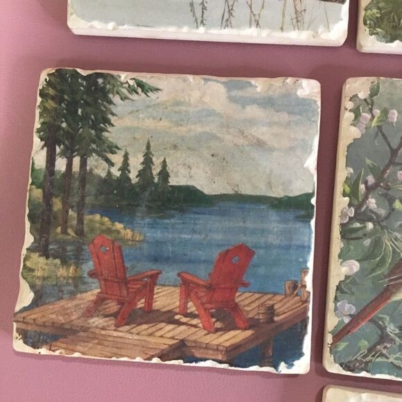 NWOT VTG Set Of 7 Tumbled Tile Cardinals,Lakeside Dock,Pheasant,Turkey, Deer - Picture 3 of 7